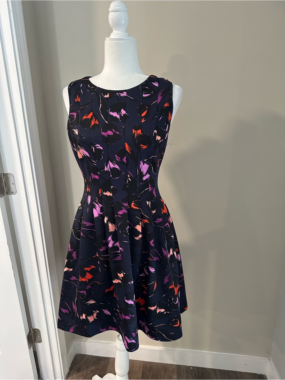 Vince Camuto Navy Sleeveless Fit & Flare Dress with Purple, Pink & Orange Print